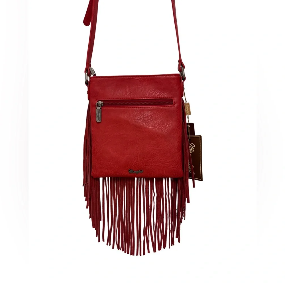 Wrangler Leather Fringe Denim Red Crossbody Bag - Picture 2 of 15